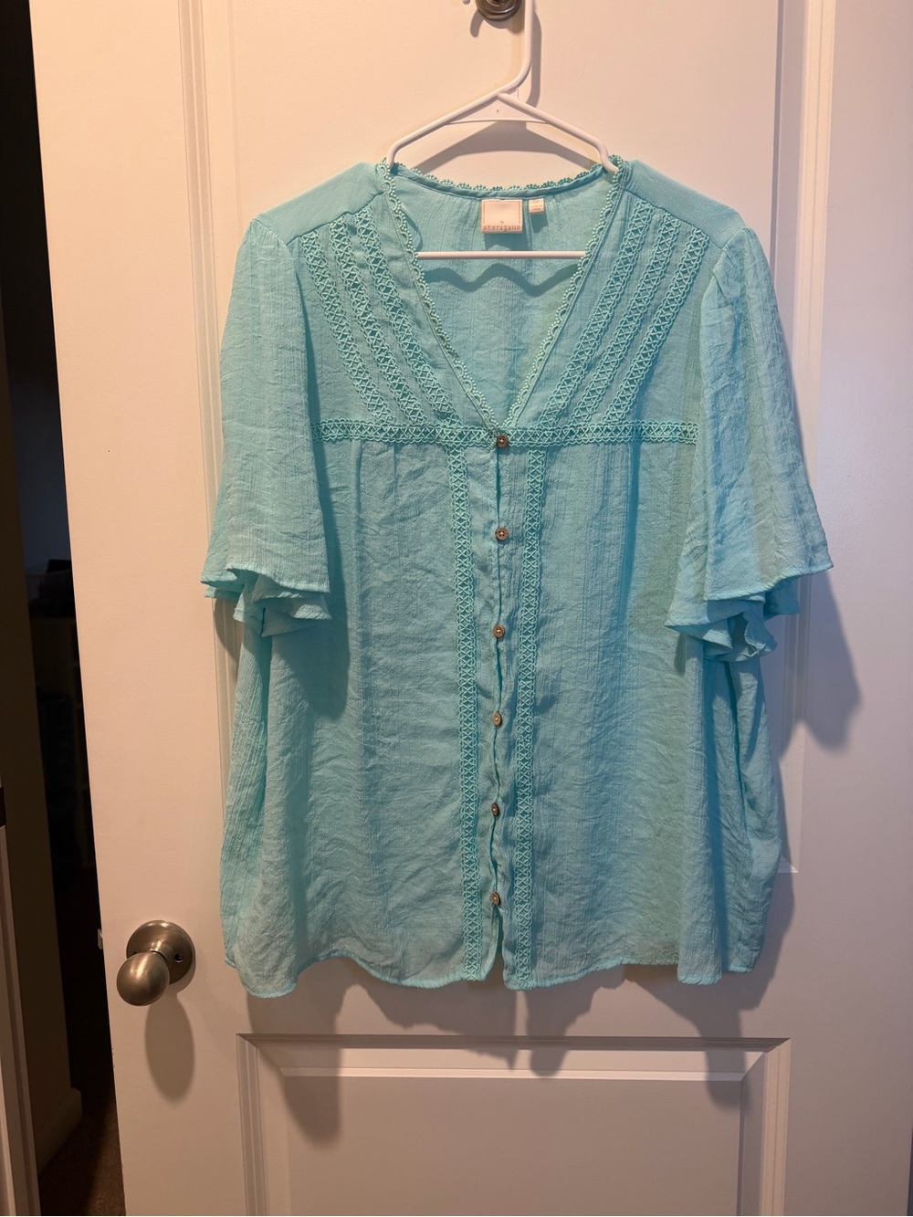 Sharagano Aqua Button-Front Lace Trim Blouse
